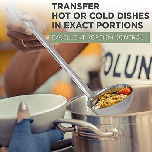 [2 Pack] 6 Oz Stainless Steel Soup Ladle - One-Piece Sauce Spatula with Hook Handles, Commercial Grade Serving Spoon, Kitchen Tool for Restaurant or Home Cooking, Mirror Finish, 14.25" Long