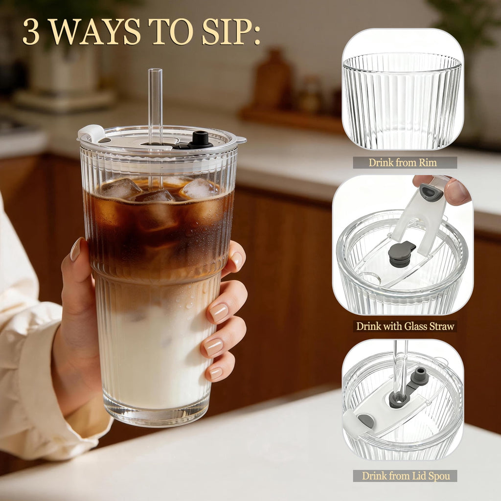 TAIMASI 4-Pack Ribbed Glass Tumblers with Lids, Straws and Cleaning Brush, 20oz Leakproof for Iced Coffee，Cocktails, Juice