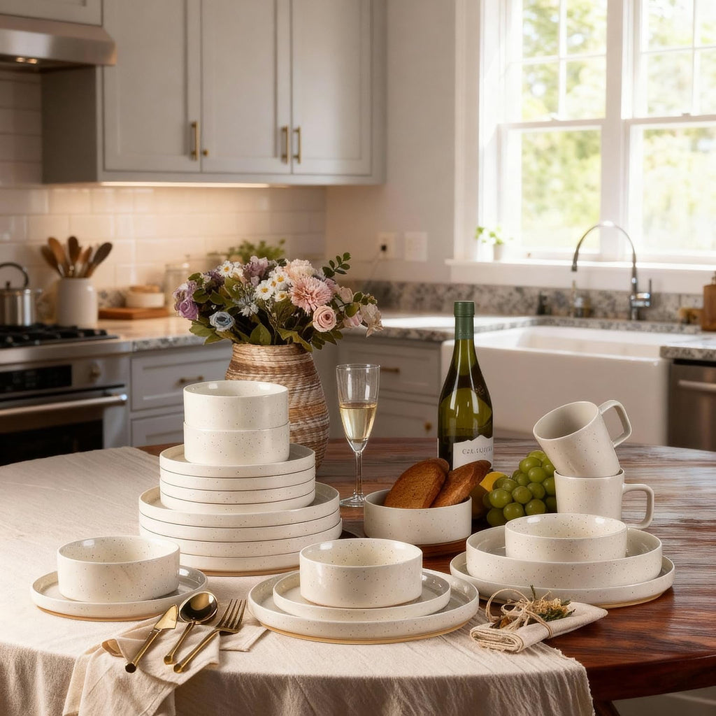 AmorArc Ceramic Dinnerware Set for 4 | Speckled Stoneware Plates and Bowls with unglazed terracotta | Scratch Resistant, Dishwasher & Microwave Safe Dishes Sets- 12-Pcs Pink