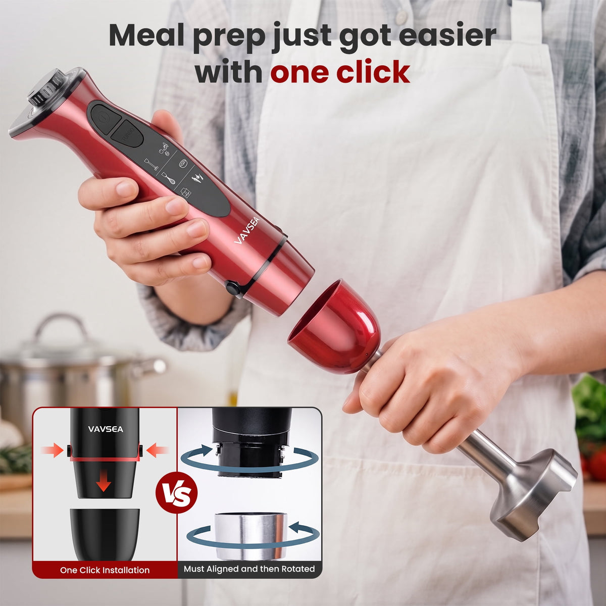 VAVSEA Immersion Blender, 1100W 5-in-1 Hand Blender, 24-Speed Stick Blender for Small Kitchen, Splash-Resistant Handheld Blender Mixer with Turbo Mode for Smoothies, Baby Food, Black