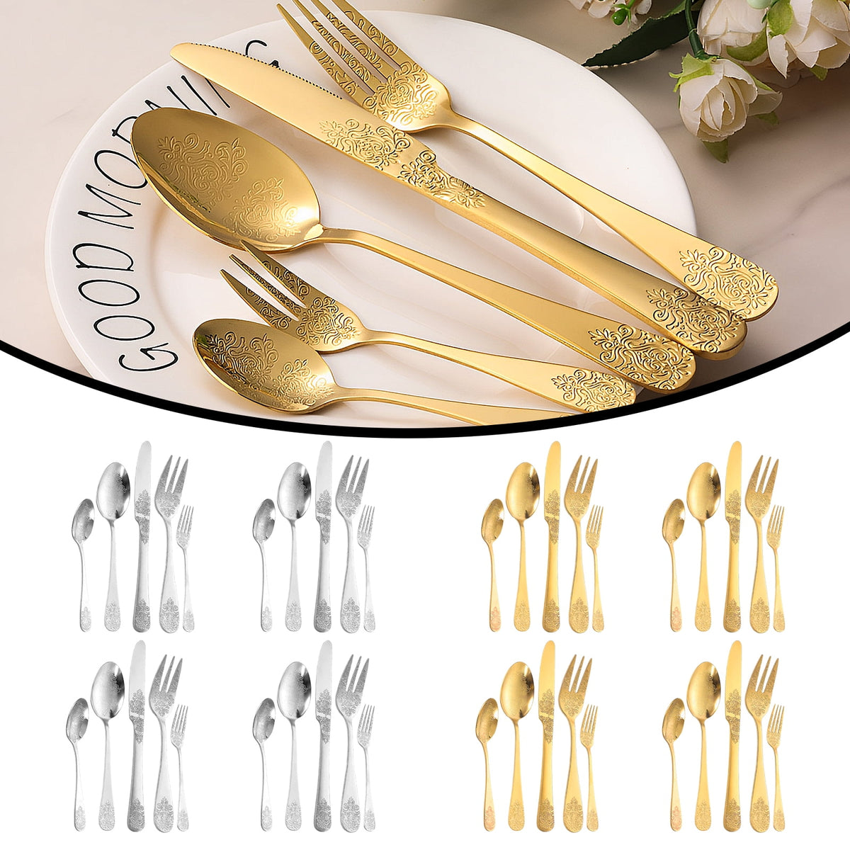 20 Pcs Floral Silverware Set Including Fork Spoon and Knife Stainless Steel Flatware Set Vintage Cutlery Set Mirror Polished Utensil Set for Kitchen Dishwasher Safe Service for 4