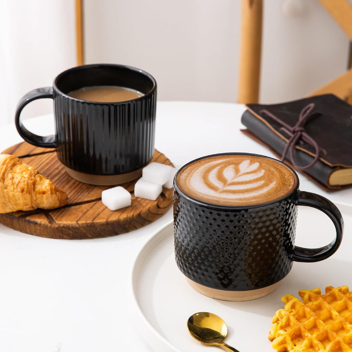 AmorArc 12OZ Stackable Ceramic Coffee Mugs with Texture Patterns, Modern Mug Set of 4 for Latte, Cappuccino and Cocoa, Dishwasher & Microwave Safe, off-white