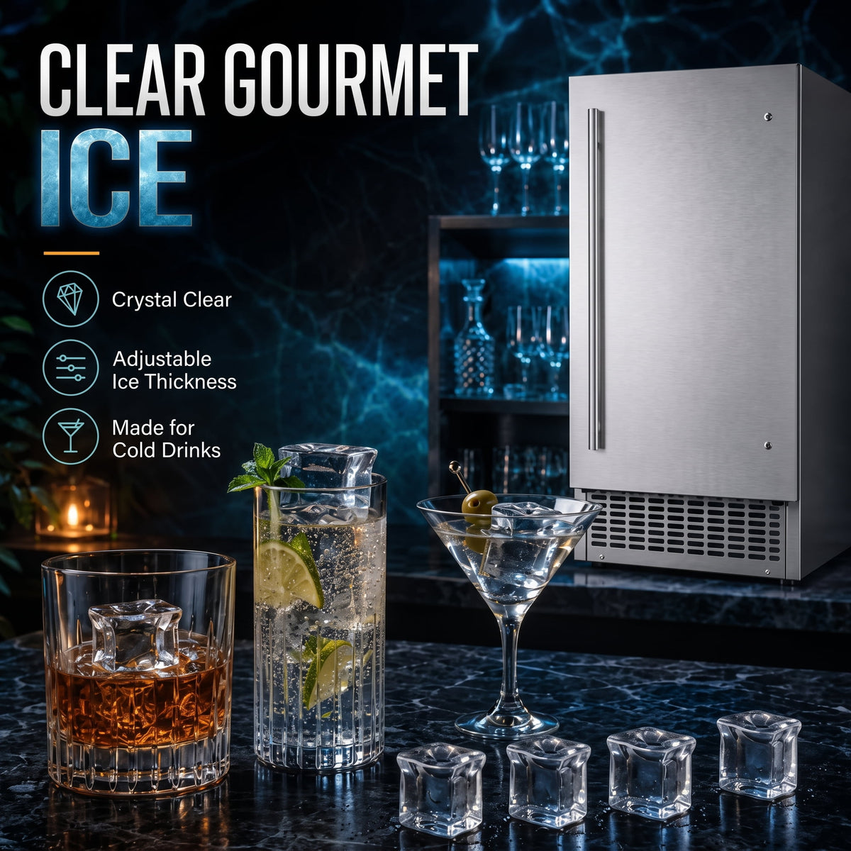 RIOXC Gourmet Top Hat Ice Maker 70 lbs, 15 Inch Built-in Undercounter Machine, Spray Tech for Home Bar & Commercial, ETL