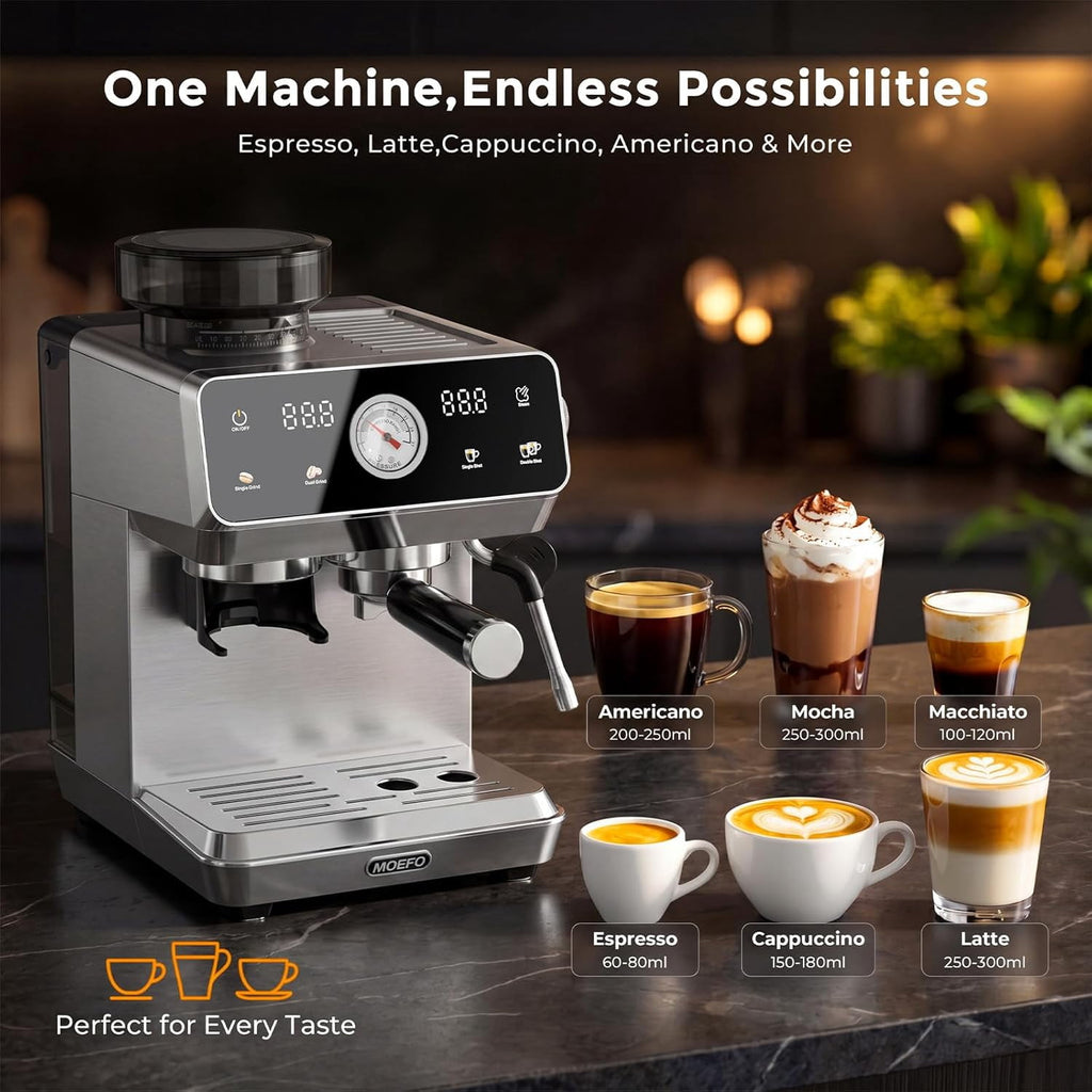 MOEFO Espresso Machine with Grinder, 20 Bar Programmable Semi-Automatic Coffee Maker, Visual Pressure Gauge & Touchscreen, Compact Design with 44-Grind Settings, Make Americano, Latte