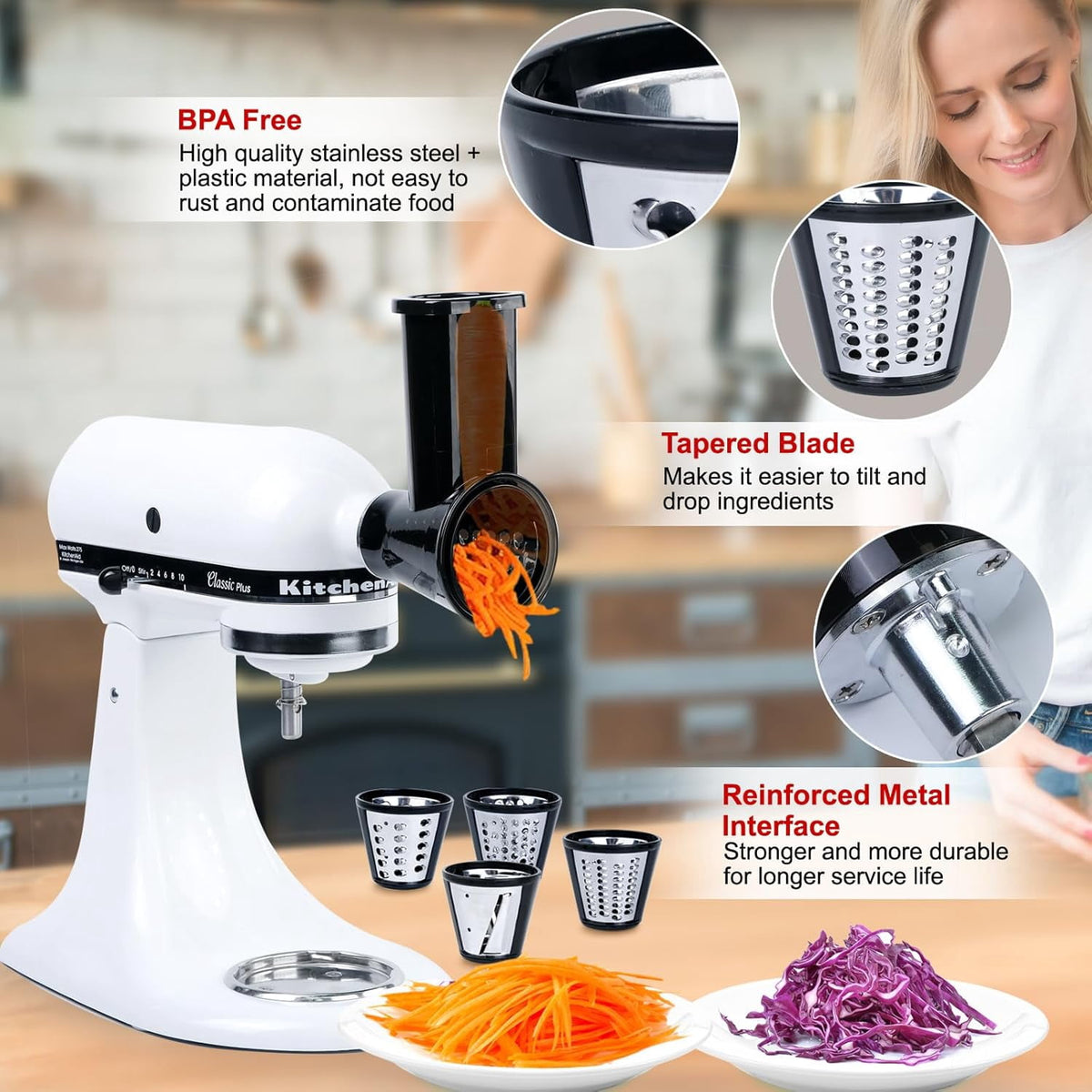 PQPO Stainless Steel Slicer Shredder Grater with 4 Blades, Compatible with KitchenAid Stand Mixer, Cheese Grater