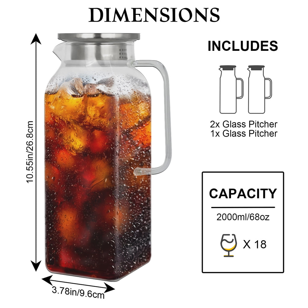 Soulgenix 2L Glass Pitcher, Square Glass Carafe with Stainless Steel Lid, 68 oz Carafe for Water, Juice, Iced Tea, Coffee