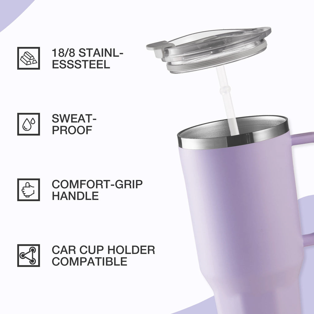 HONGBAKE 40 oz Tumbler with Handle and Straw Lid, Insulated Stainless Steel Tumbler, Travel Mug Fits Cup Holder, Dusty Lavender