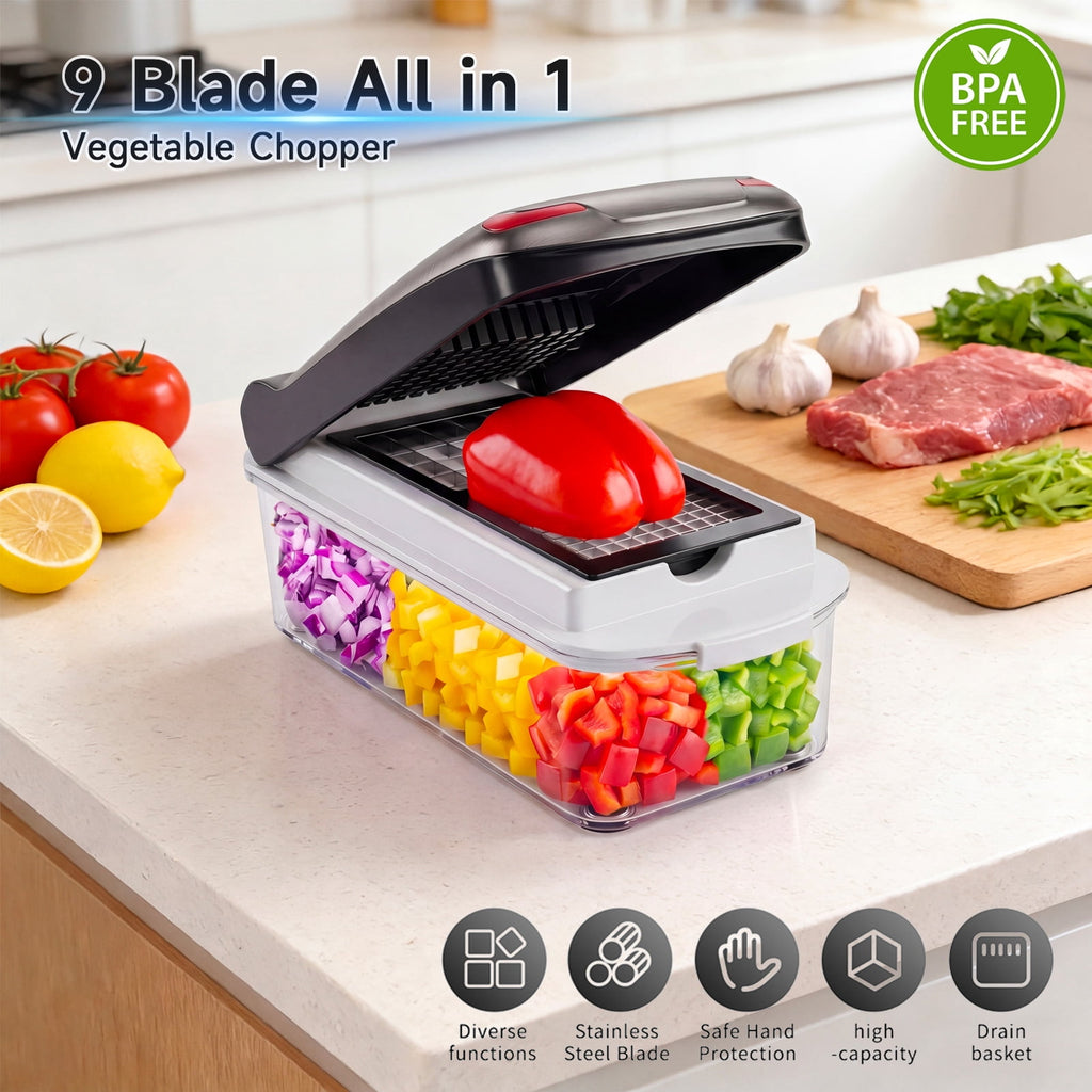 Honhorrs Vegetable Chopper Mandoline Slicer with Container, Food Veggie Chopper, Cheese Grater, Onion Vegetable Cutter for Kitchen Gadgets & Gifts, Home Essentials (9-in-1, Black)