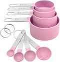 8Pcs Measuring Cups Set Measuring Spoons Set, Nesting Measure Cups with Stainless Steel Handle, For Measuring Dry and Liquid Ingredients Small Teaspoon with Plastic Head (Pink)