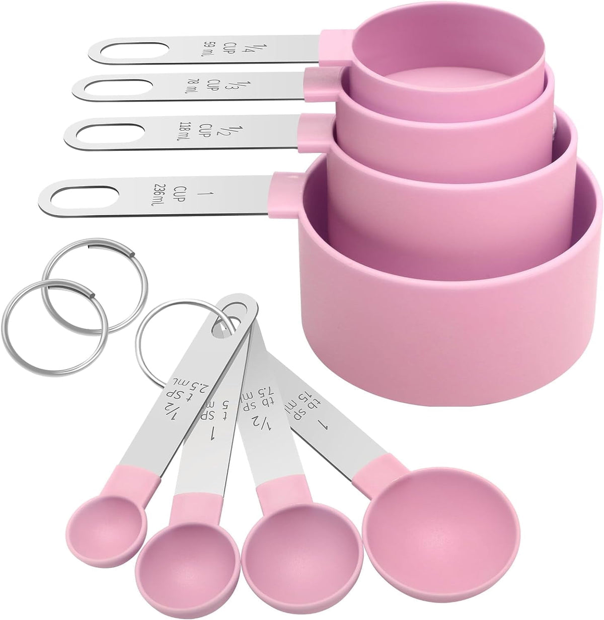 8Pcs Measuring Cups Set Measuring Spoons Set, Nesting Measure Cups with Stainless Steel Handle, For Measuring Dry and Liquid Ingredients Small Teaspoon with Plastic Head (Pink)