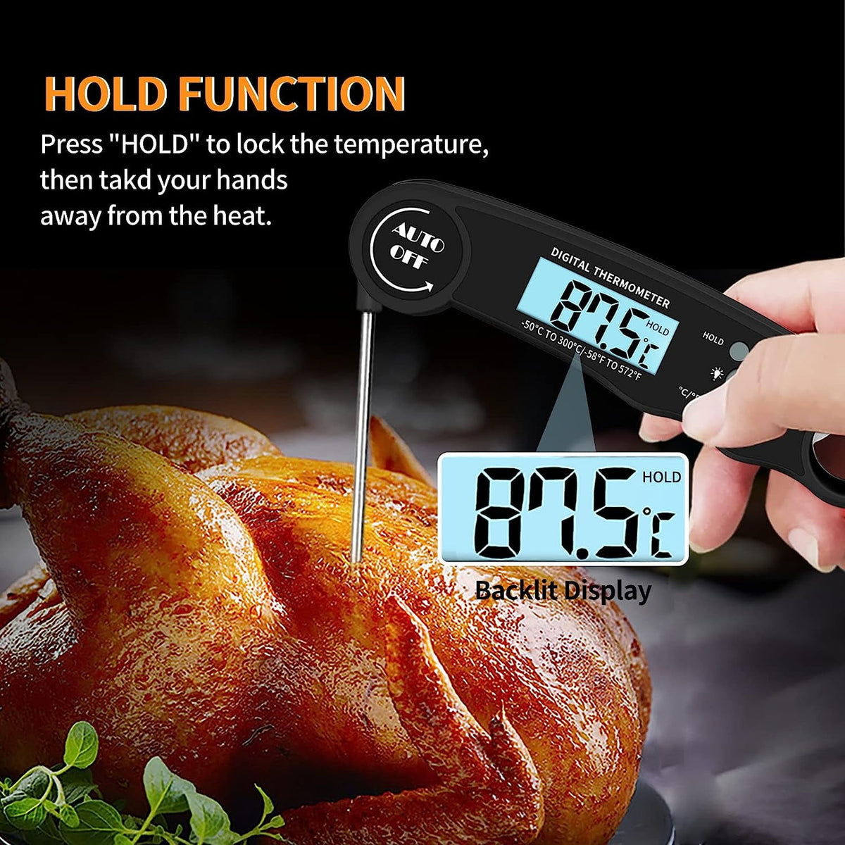 Yezivo Waterproof Meat Thermometer with Magnet, LED Display and Stainless Steel Probe, Instant Read Food Thermometer for Baking, Liquids, Candy, Grill Thermometer for Kitchen,BBQ,Party
