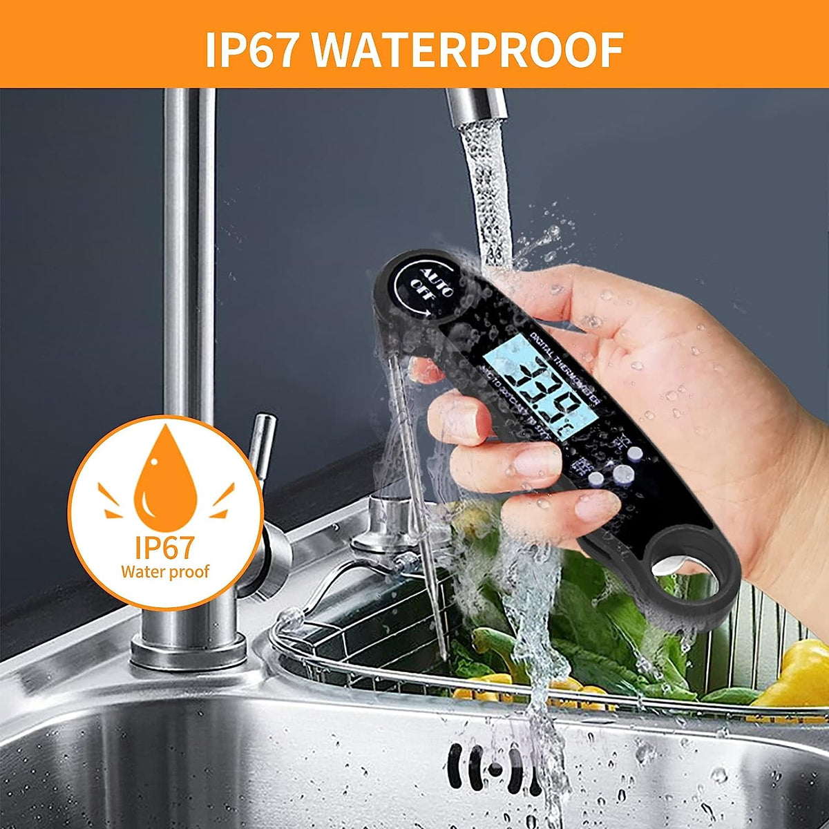 Yezivo Waterproof Meat Thermometer with Magnet, LED Display and Stainless Steel Probe, Instant Read Food Thermometer for Baking, Liquids, Candy, Grill Thermometer for Kitchen,BBQ,Party