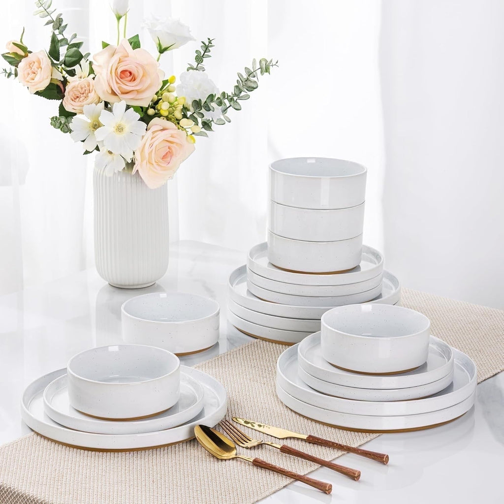 AmorArc Ceramic Dinnerware Set for 4 | Speckled Stoneware Plates and Bowls with unglazed terracotta | Scratch Resistant, Dishwasher & Microwave Safe Dishes Sets- 12-Pcs Pink