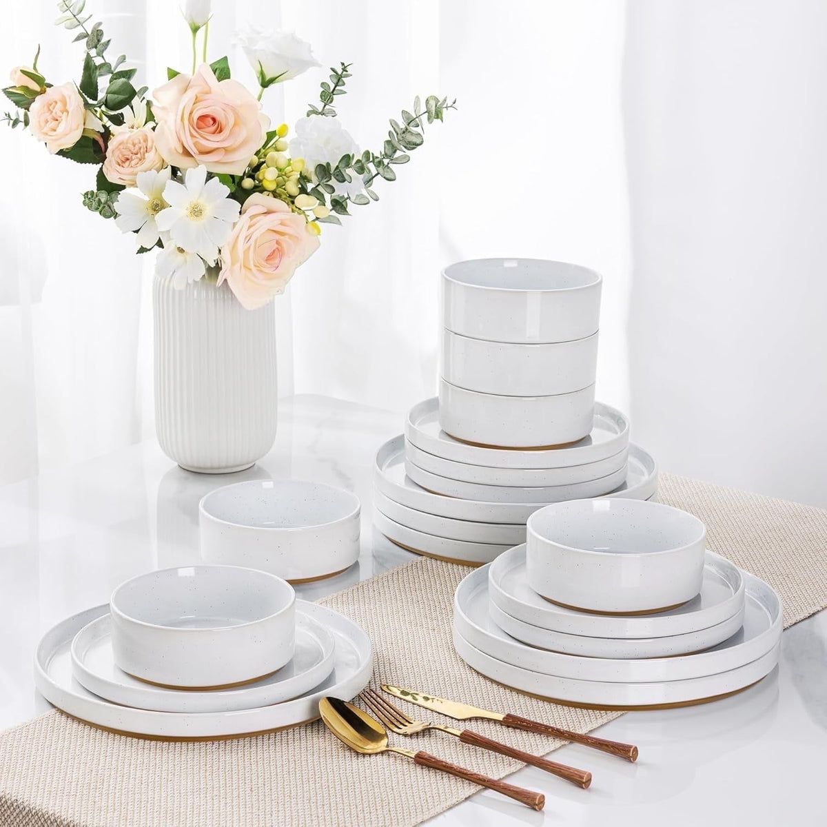 AmorArc Ceramic Dinnerware Set for 4 | Speckled Stoneware Plates and Bowls with unglazed terracotta | Scratch Resistant, Dishwasher & Microwave Safe Dishes Sets- 12-Pcs Pink