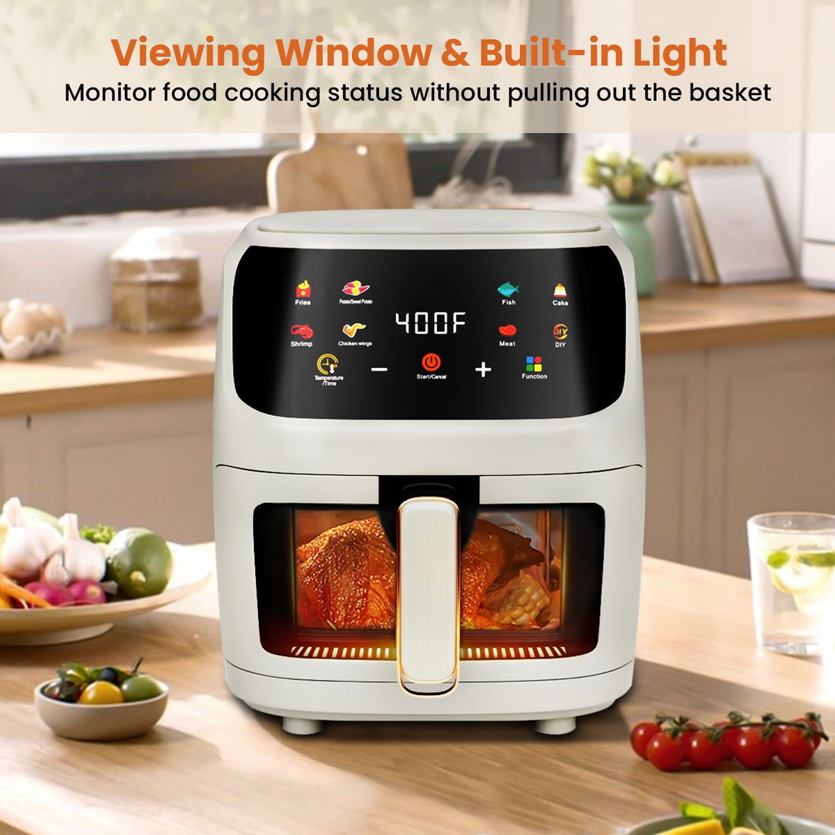 Bluebow Air Fryer Large 7.5QT, 8-in-1 Digital Touchscreen, Visible Cooking Window, 1700W, Cream White