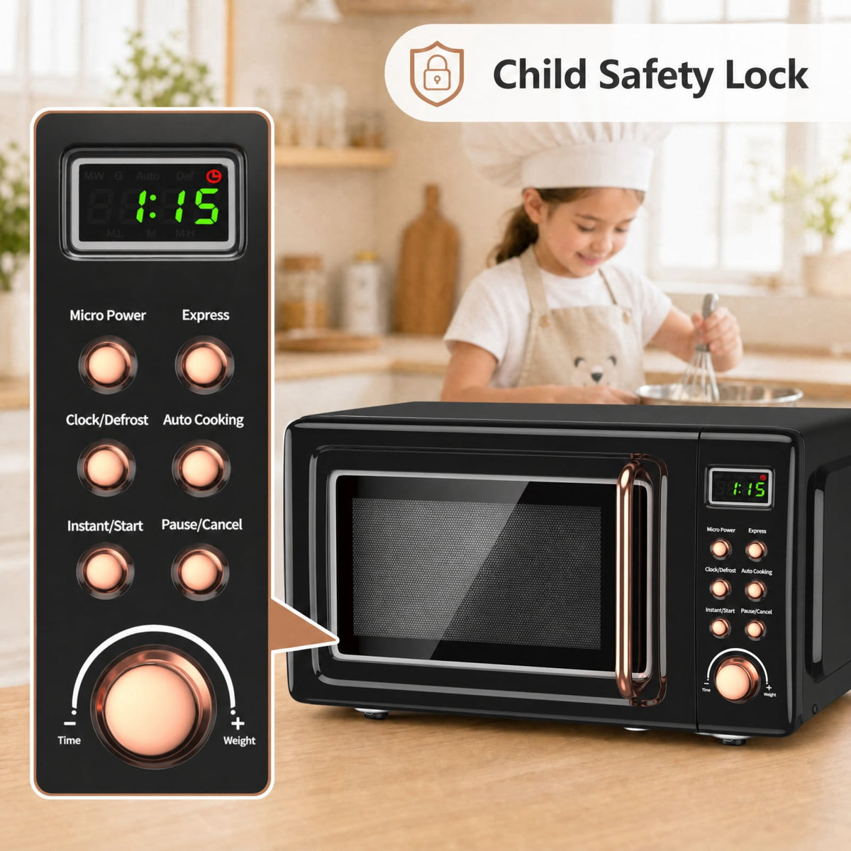 Costway 0.7 Cu.ft Retro Countertop Microwave Oven 700W LED Display Glass Turntable Rose Gold