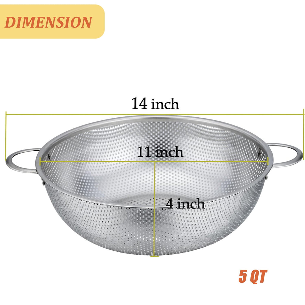 VeSteel Colander Set of 3, Stainless Steel Micro-Perforated Colanders Strainers for Draining Rinsing Washing, Ideal for Pasta Vegetables Fruits, Heavy Duty & Dishwasher Safe - 1/3/5 Quart