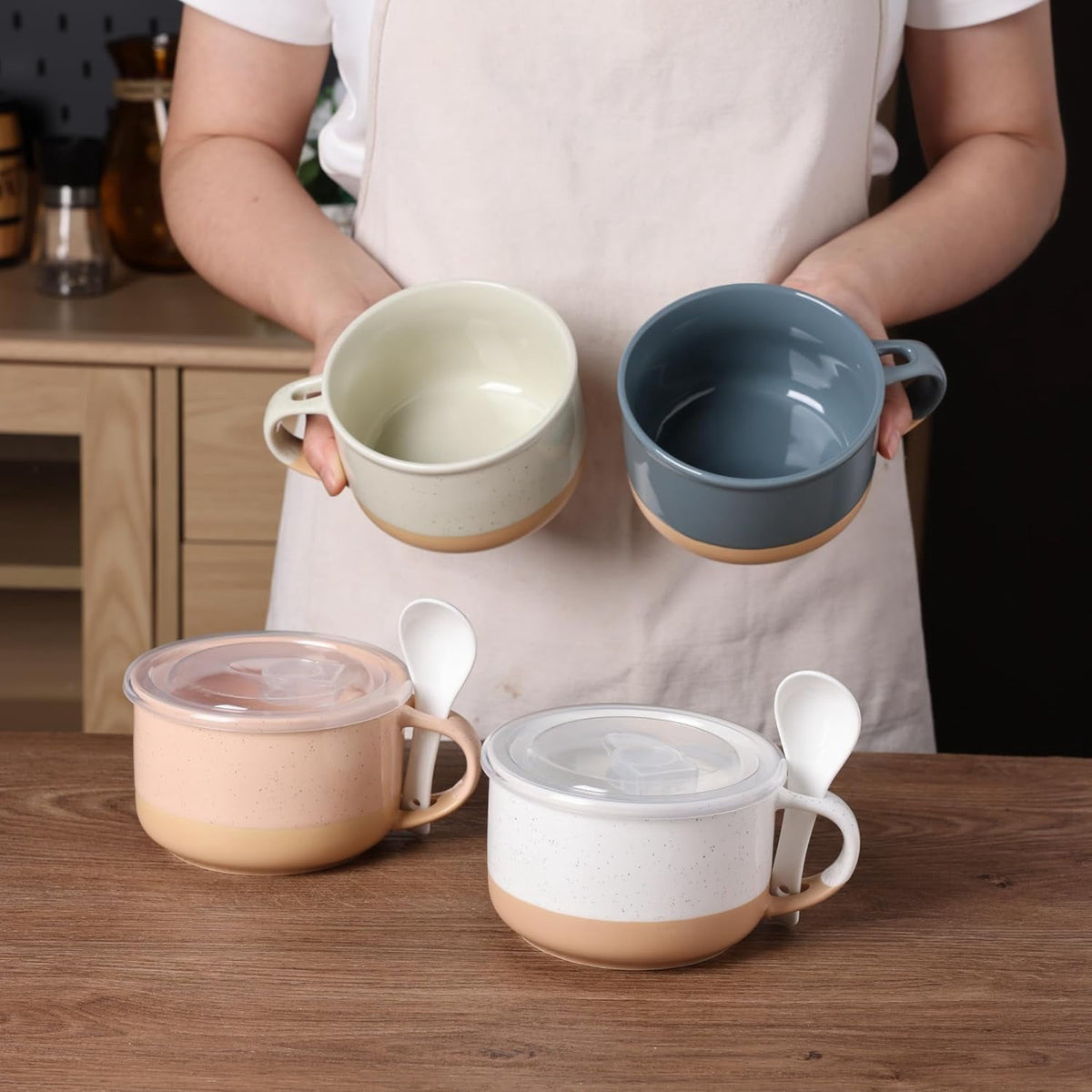 AmorArc Ceramic Soup Mugs with Handles and Lids,24 OZ Soup Cups Set of 2 with Terracotta Underside,Mug Bowls with Spoon for Soup/Cereal/Salad/Noodles/Ramen/Microware &Dishwasher Safe-White &Peach