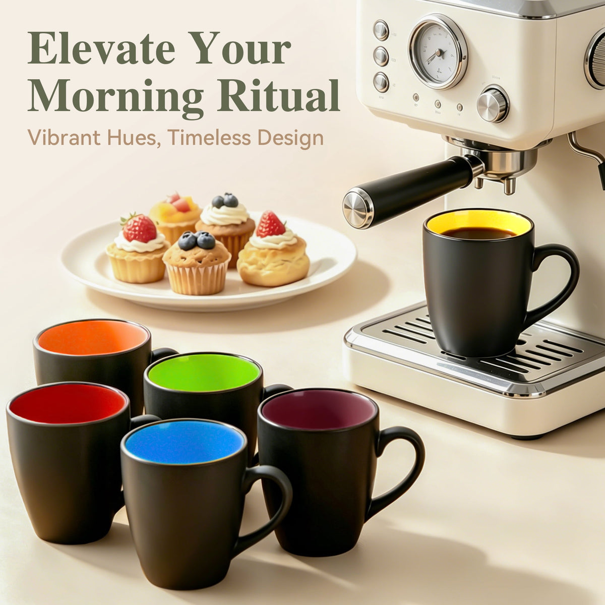 TINANA 12 oz Ceramic Coffee Mugs Set of 6, Matte Black Coffee Cups with Colorful Interior, Tea Mugs for Home Office, Microwave and Dishwasher Safe