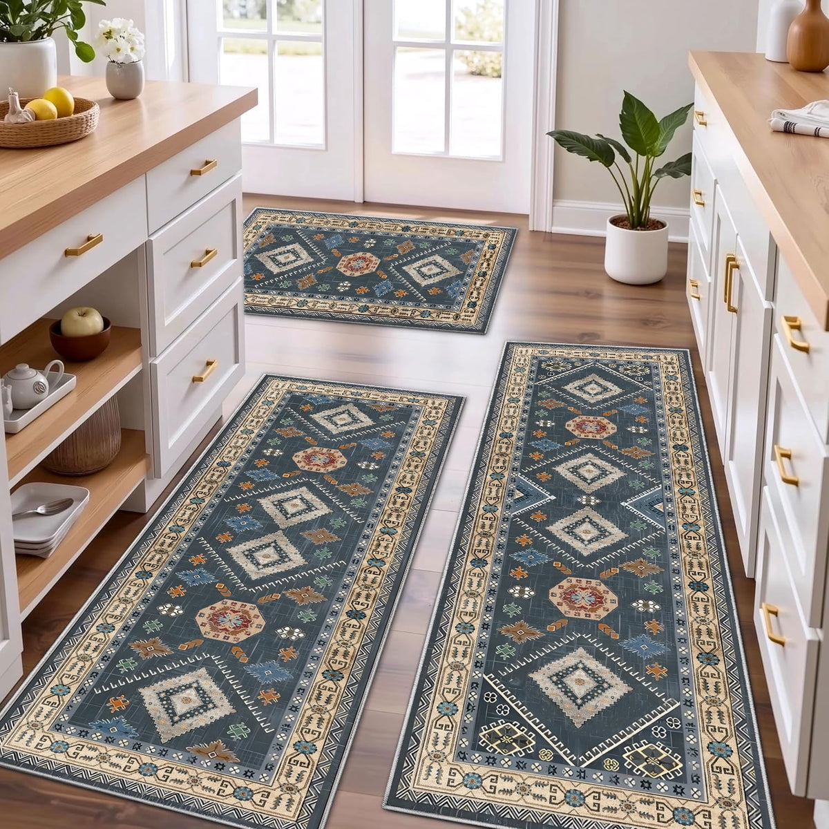 TECHVIDA Kitchen Rug Set 3 Piece,Non Slip Machine Washable Kitchen Mats, Farmhouse Hallway Doormat for Home Floor and Living Room,Gray