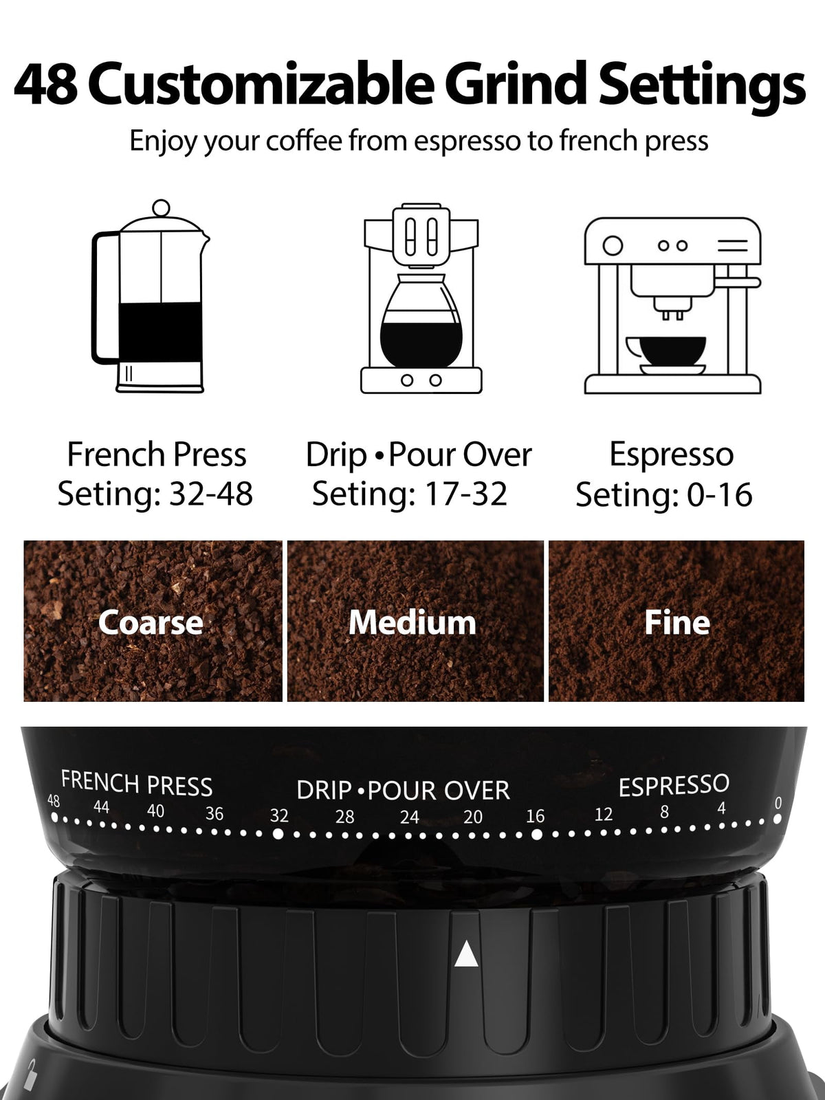 Aeitto Burr Coffee Grinder, Coffee Grinder Electric, Stainless Steel Coffee Bean Grinder, 48 Grind Settings, Espresso/Pour Over/Cold Brew/French Press Coffee Maker, Silver