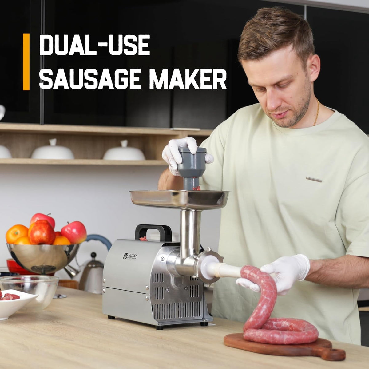 Valley Sportsman #8 Stainless Steel Meat Grinder, Powerful 575-Watt Motor Sausage Meat Grinder with Grinder Knife, Ideal for Regular Use, Sausage Making, Silver