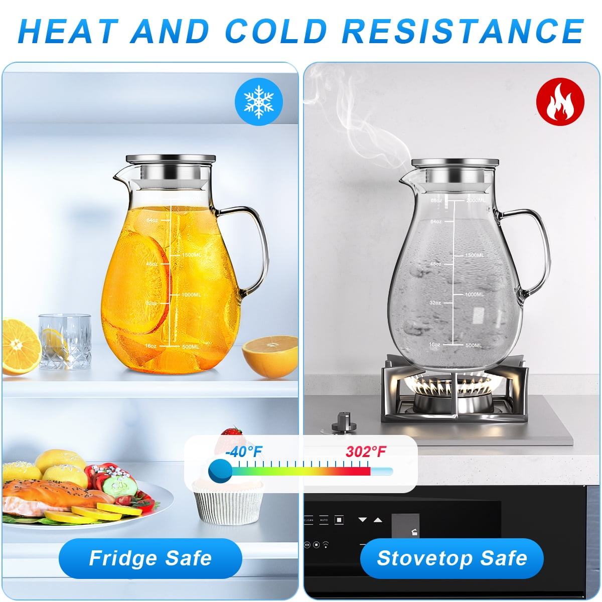 68 oz Glass Pitcher with Lid and Spout, 2 L Heat & Cold Resistant Glass Water Carafe with Precise Scale Line for Hot/Cold Water, Easy to Clean Large Drink Pitcher for Cold and Hot Beverage