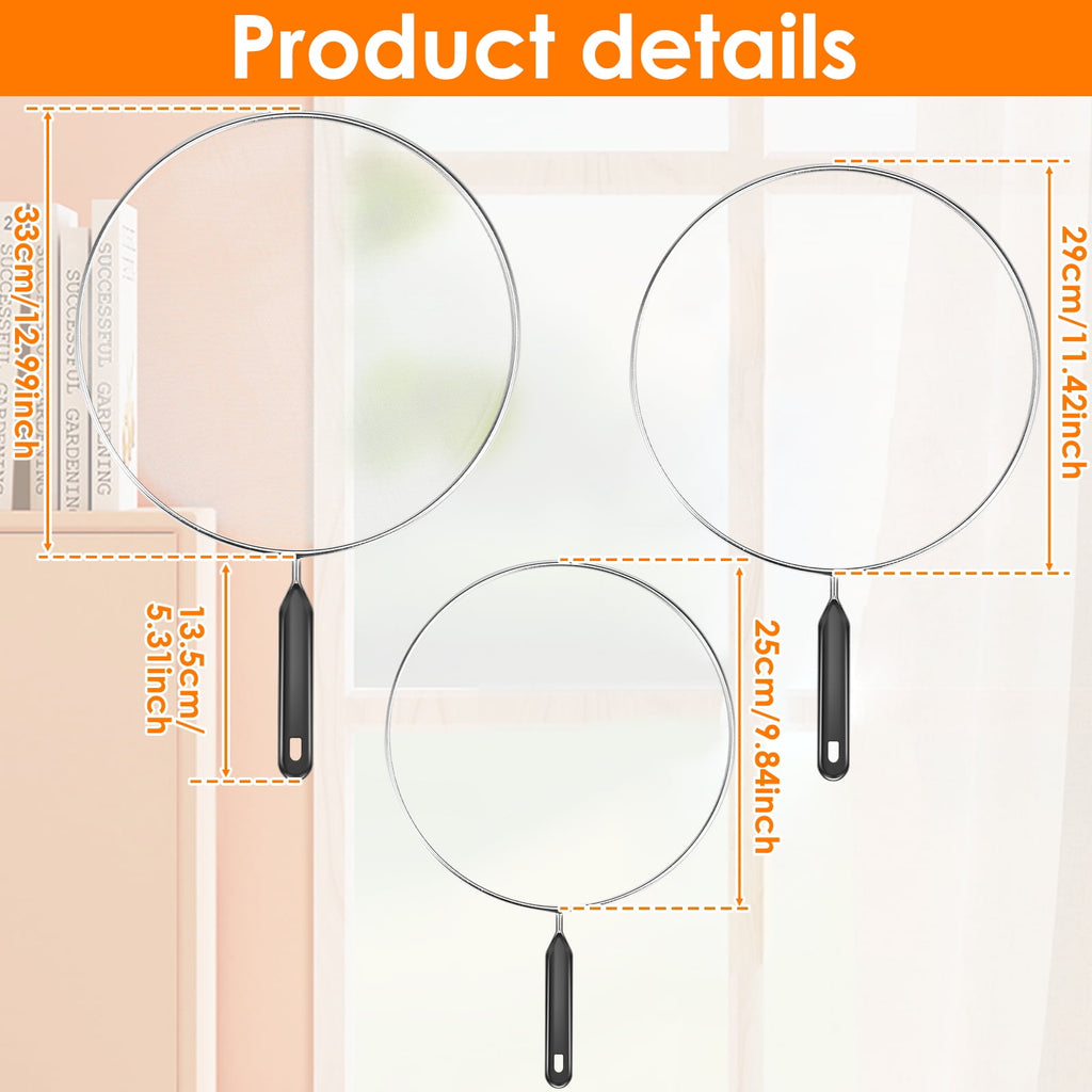 3 Piece Stainless Steel Fine Mesh Splatter Screen Set, 13", 11.4", 9.8" Splatter Screen for Frying Pan, Grease Splatter Guard with Heat-Resistant Handles