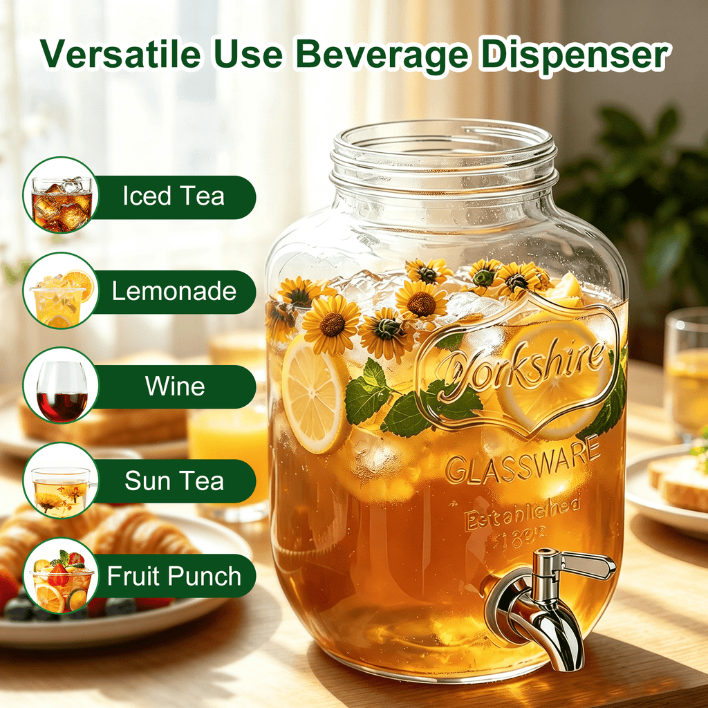 1 Gallon Glass Drink Dispensers for Parties, TAIMASI 2 Pack Beverage Dispenser with Stand & Stainless Steel Spigot, Leakproof Lemonade Drink Dispenser for Sun Tea, Homemade Juice