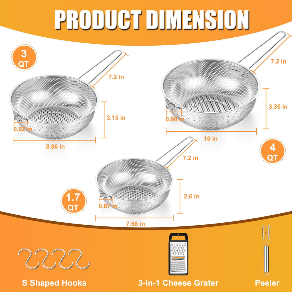 VeSteel Colander Set of 3, Stainless Steel Micro-Perforated Colanders Strainers for Draining Rinsing Washing, Ideal for Pasta Vegetables Fruits, Heavy Duty & Dishwasher Safe - 1/3/5 Quart