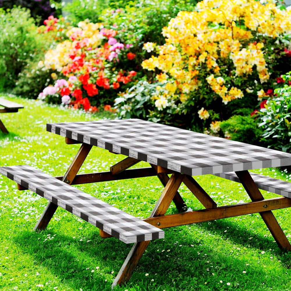 FGY Picnic Table Covers, 3 Piece Set Waterproof Picnic Table and Bench Cover Outdoor Camping Tablecloth (Black&White)