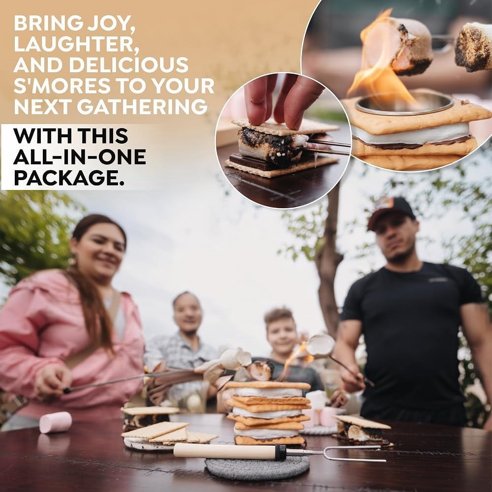 Tabletop S'Mores Maker Kit & Charcuterie Serving Set, Includes 4 Extendable Roasting Sticks, Bamboo Tray, Gift for Houswarmings, Parties and Weddings, Give Fun for Family Night
