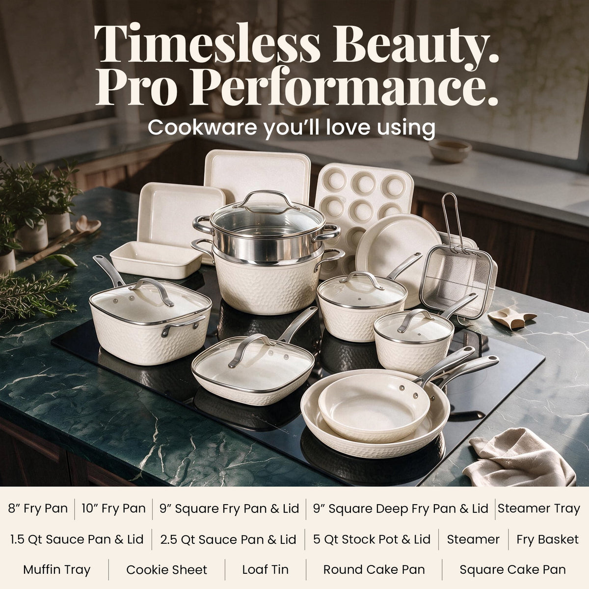 Gotham Steel Hammered 20 Pc Ceramic Cookware Set Nonstick, Induction Pots and Pans Set, Non Toxic Cookware Sets, Oven & Dishwasher Safe, Copper