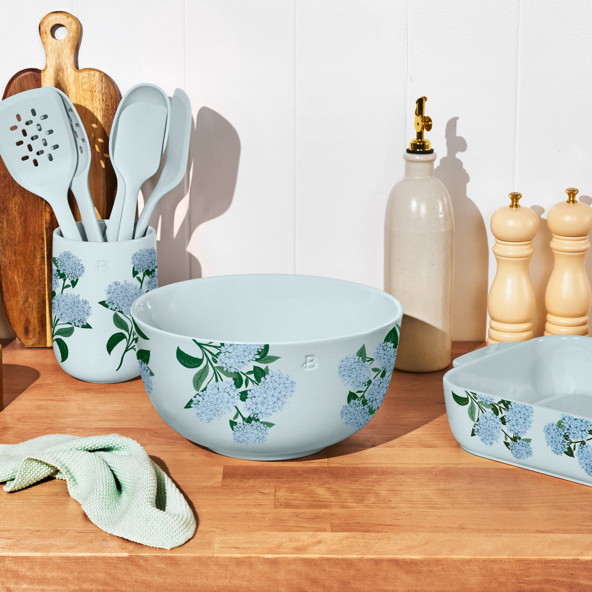 Beautiful 6-Piece Silicone Kitchen Tool Set with Ceramic Crock, Chocolate by Drew Barrymore