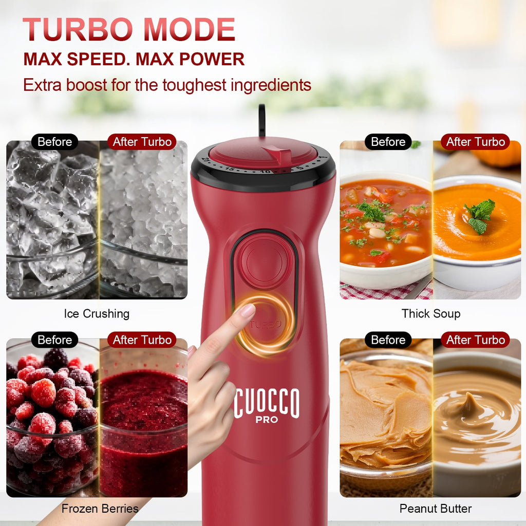 CUOCCO PRO Immersion Blender Handheld, 1100W Hand Blender with 21 Speeds & Turbo, Hand Mixer for Smoothies, Soups & Baby Food, Dishwasher Safe, Red