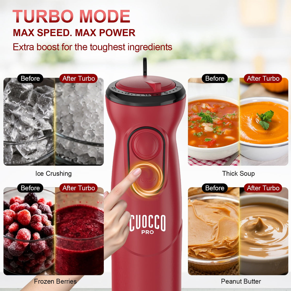 CUOCCO PRO Immersion Blender Handheld, 1100W Hand Blender with 21 Speeds & Turbo, Hand Mixer for Smoothies, Soups & Baby Food, Dishwasher Safe, Red