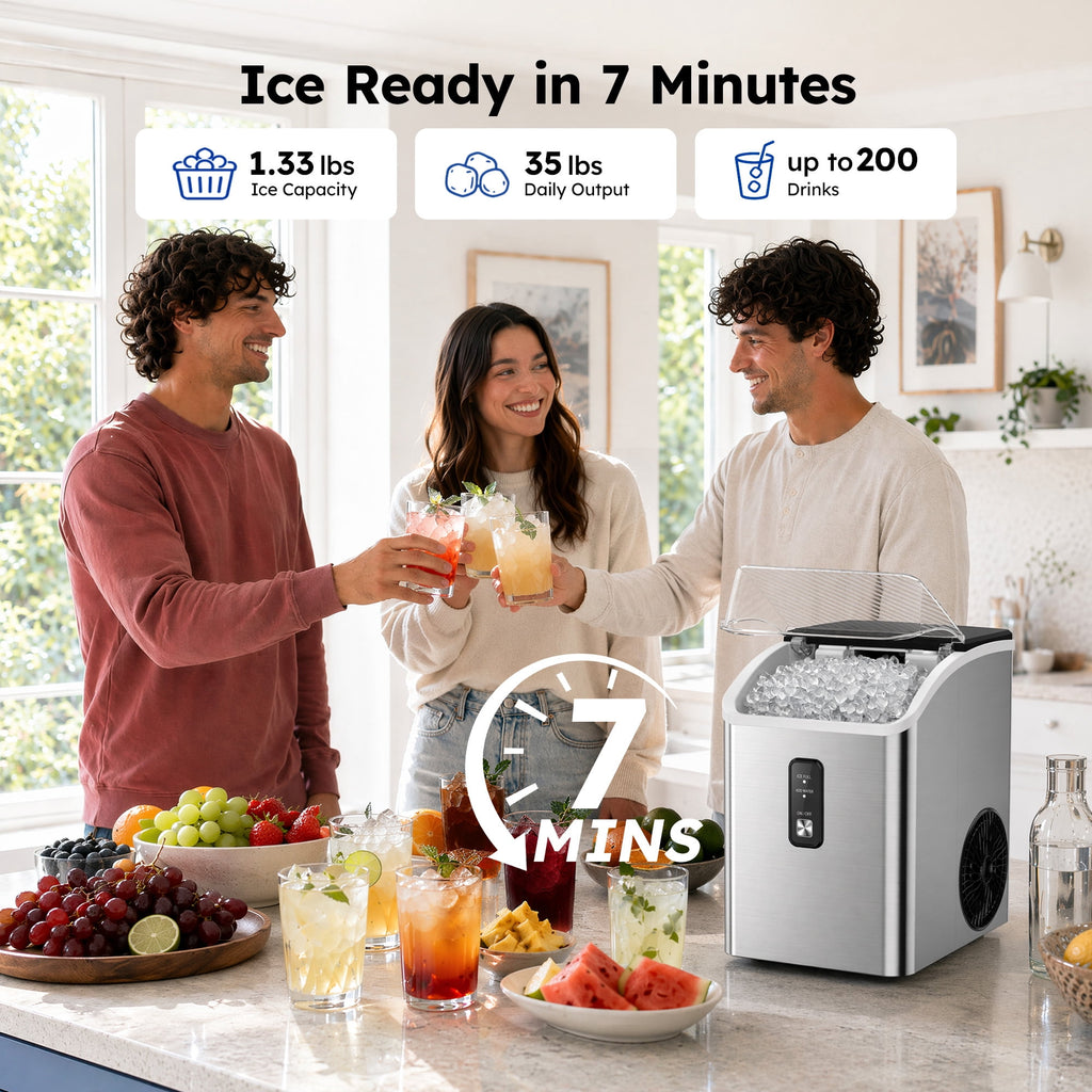 SIMZLIFE Countertop Nugget Ice Maker, 35 Lbs/24H Soft Chewable Pellet Ice, Ready in 7 Minutes, Self-Cleaning Ice Machine, Stainless Steel