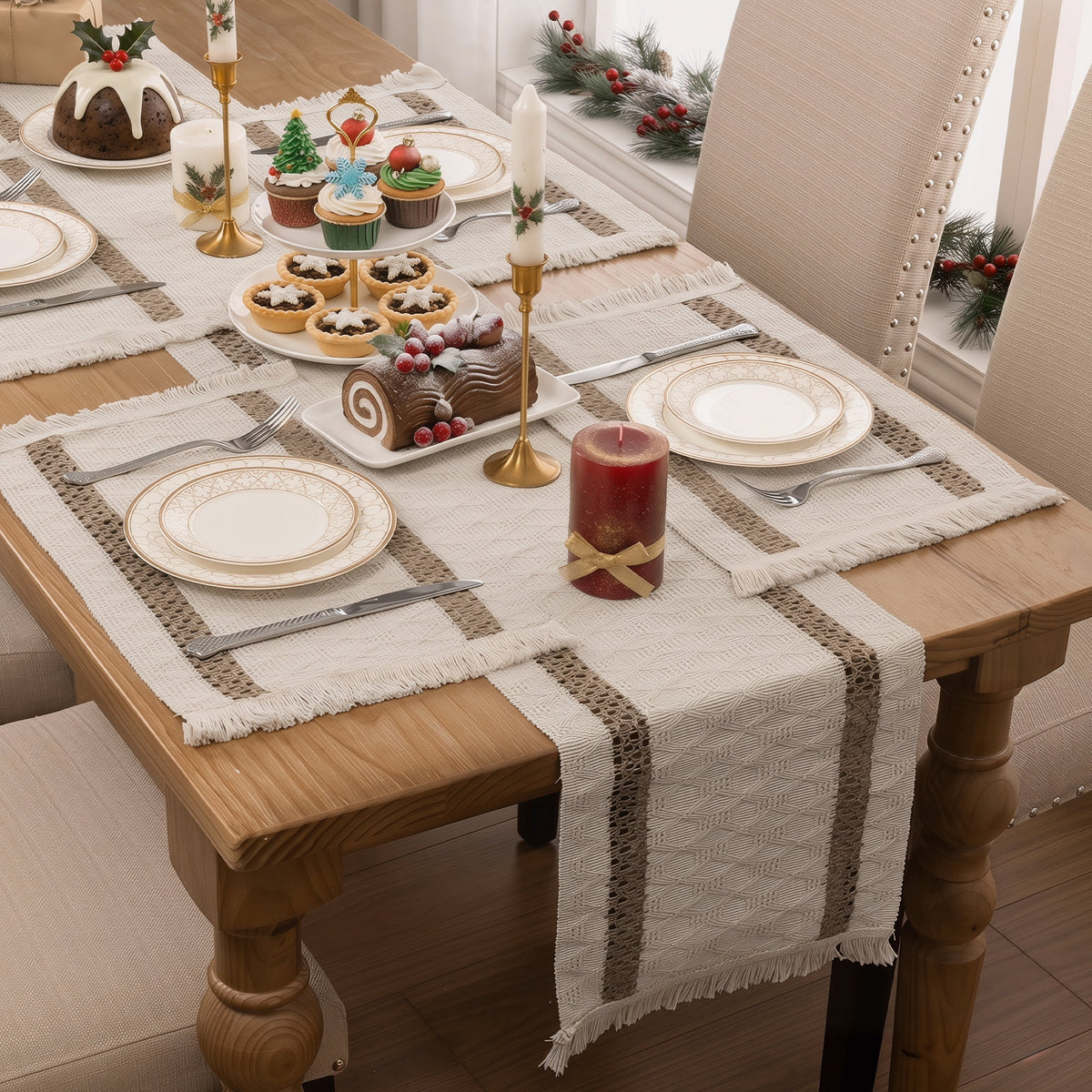 MeyJey Table Runner and Placemats Set of 4, Washable Fabric Rectangle Dining Table Mats with Tassels for Dining Tables, Kitchen, Red/Beige