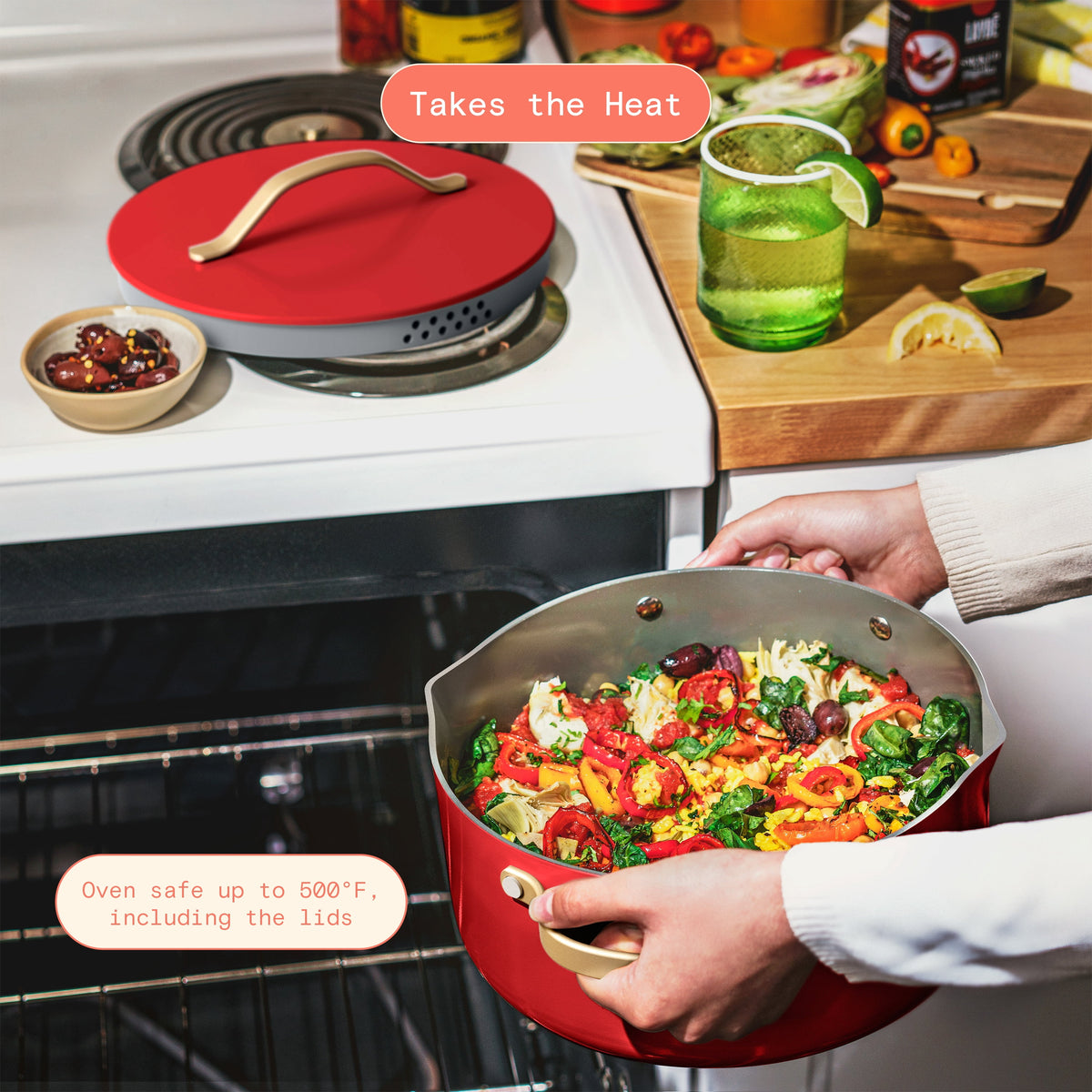 Beautiful 12-Piece Cookware Set, Pots and Pans with Strainer Lids and EverGood Ceramic Nonstick Coating, White Icing by Drew Barrymore