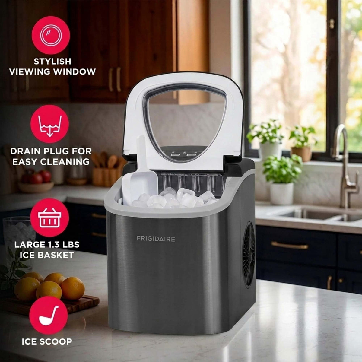Frigidaire 26 lb Bullet Ice Maker Stainless Steel - compact, high-capacity icemaker producing bullet-shaped ice ideal for kitchens, parties, and entertaining