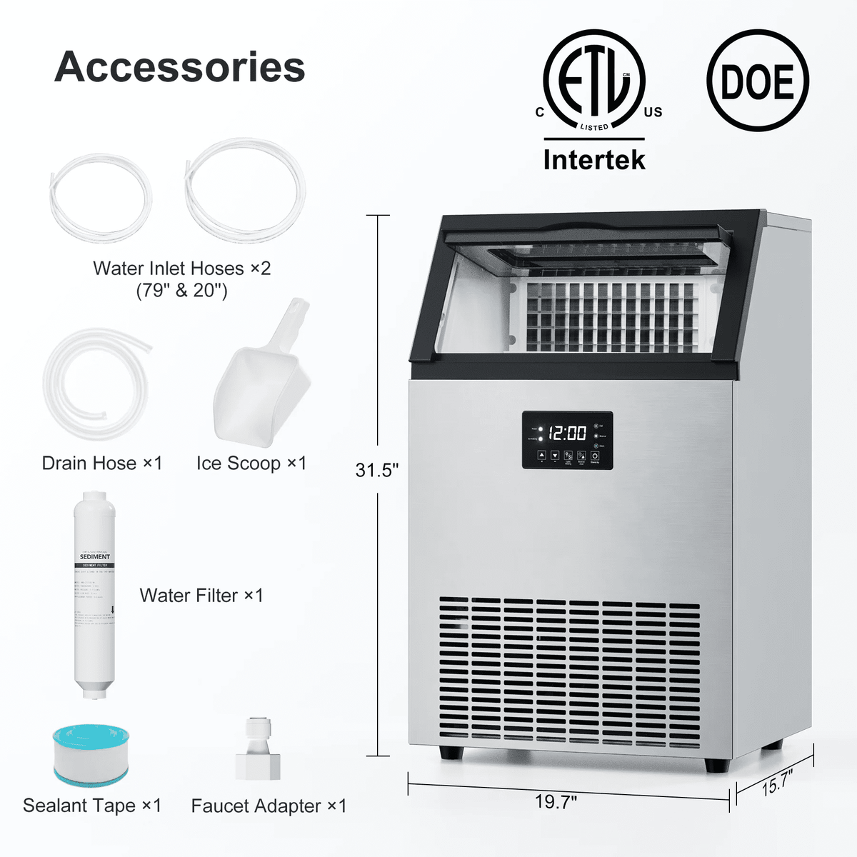 RIOXC Commercial Ice Maker 300LBS/24H, 20" Under Counter Ice Machine with 33LBS Storage Bin for Restaurants/Bars, ETL