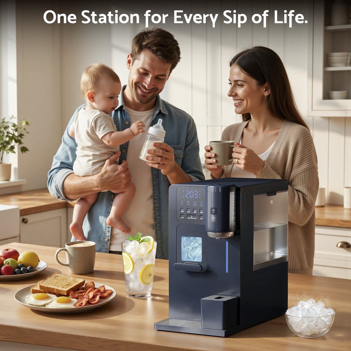 Flamemore 3-in-1 Countertop Water Dispenser w/Bullet Ice Maker, Coffee Brewer, Self-Cleaning UV Sterilization, Beverage Station for Home Office