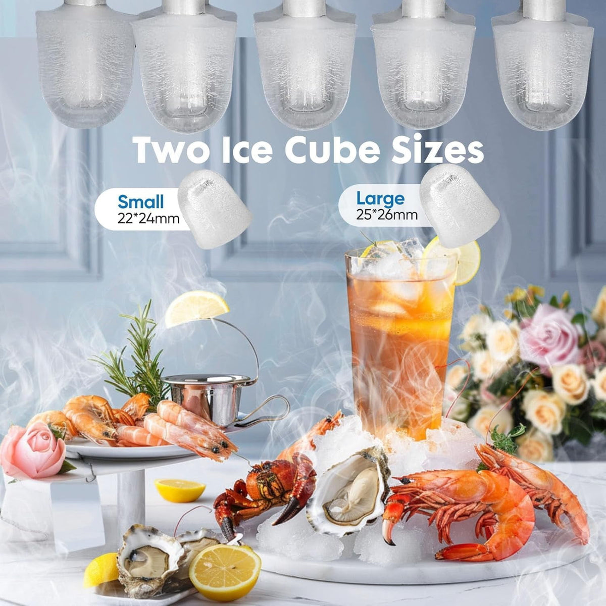 Ice Maker, Portable Countertop Icemaker Machine, Self Cleaning Quiet 2 Sizes Bullet Cubes Makers, 9 Cubes in 6 Mins, 26lbs/24Hrs with Ice Scoop, Basket for Home Kitchen Party,White