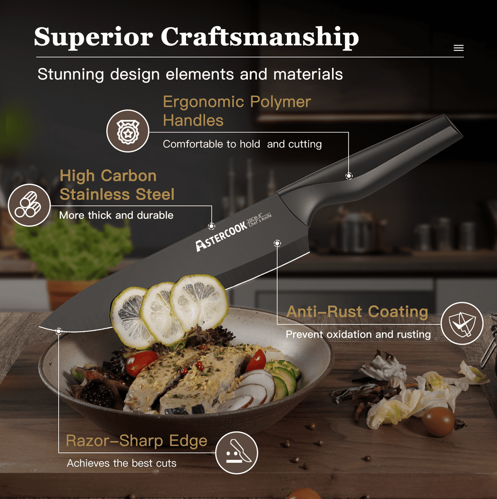Astercook 20 Pieces Knife Set, Kitchen Knives Set with Built-in Sharpener, Healthy Anti-Rust Coating & German Stainless Steel Knife Block Sets, Dishwasher Safe Black
