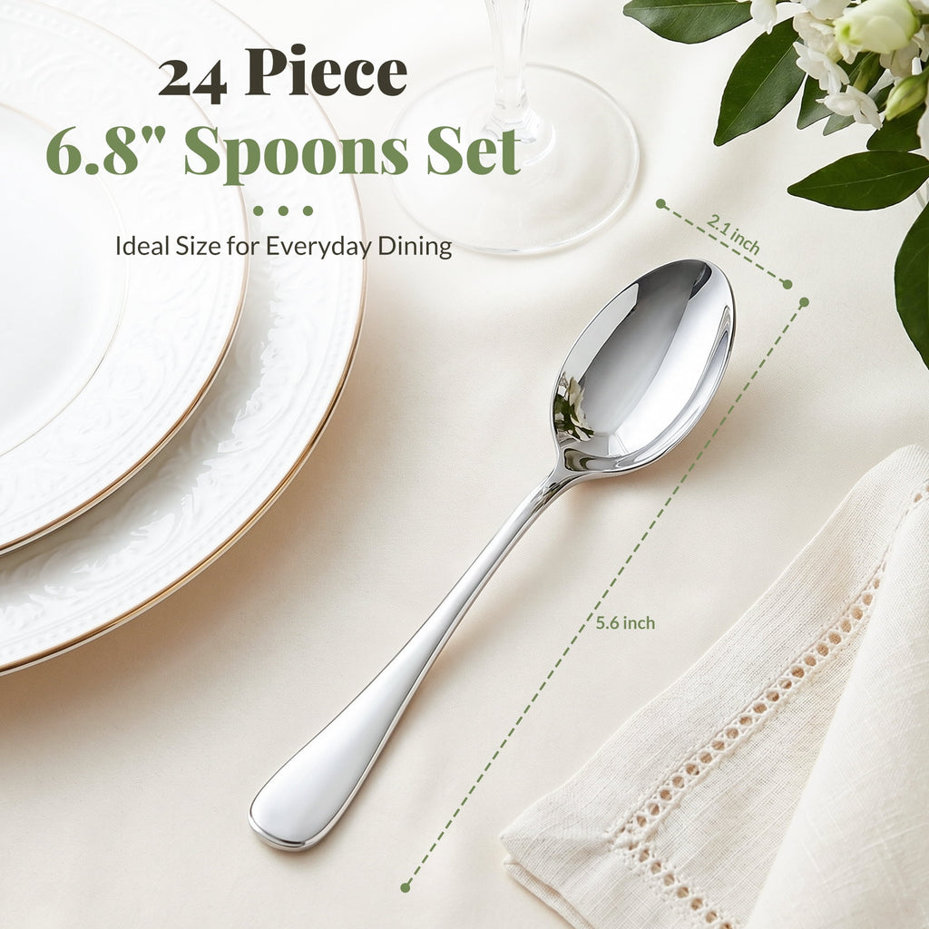 Astercook 24-Piece Dinner Spoon Set, 6.8'' Premium Food-Grade Stainless Steel Tablespoons Silverware, Mirror Polished & Dishwasher Safe Teaspoons, Heavy Duty Flatware for Kitchen, Restaurant & Party
