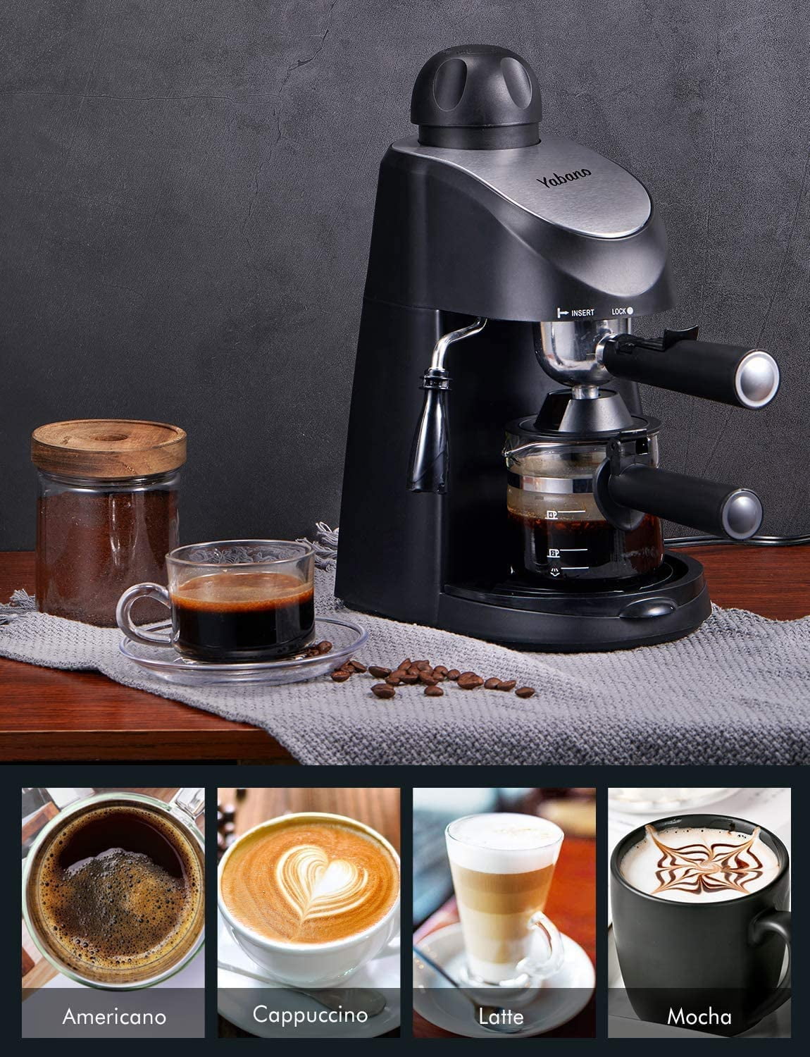 Espresso Machine, Yabano 3.5 Bar 4 Cup Steam Espresso Cappuccino Maker with Milk Frother, 800W, Black