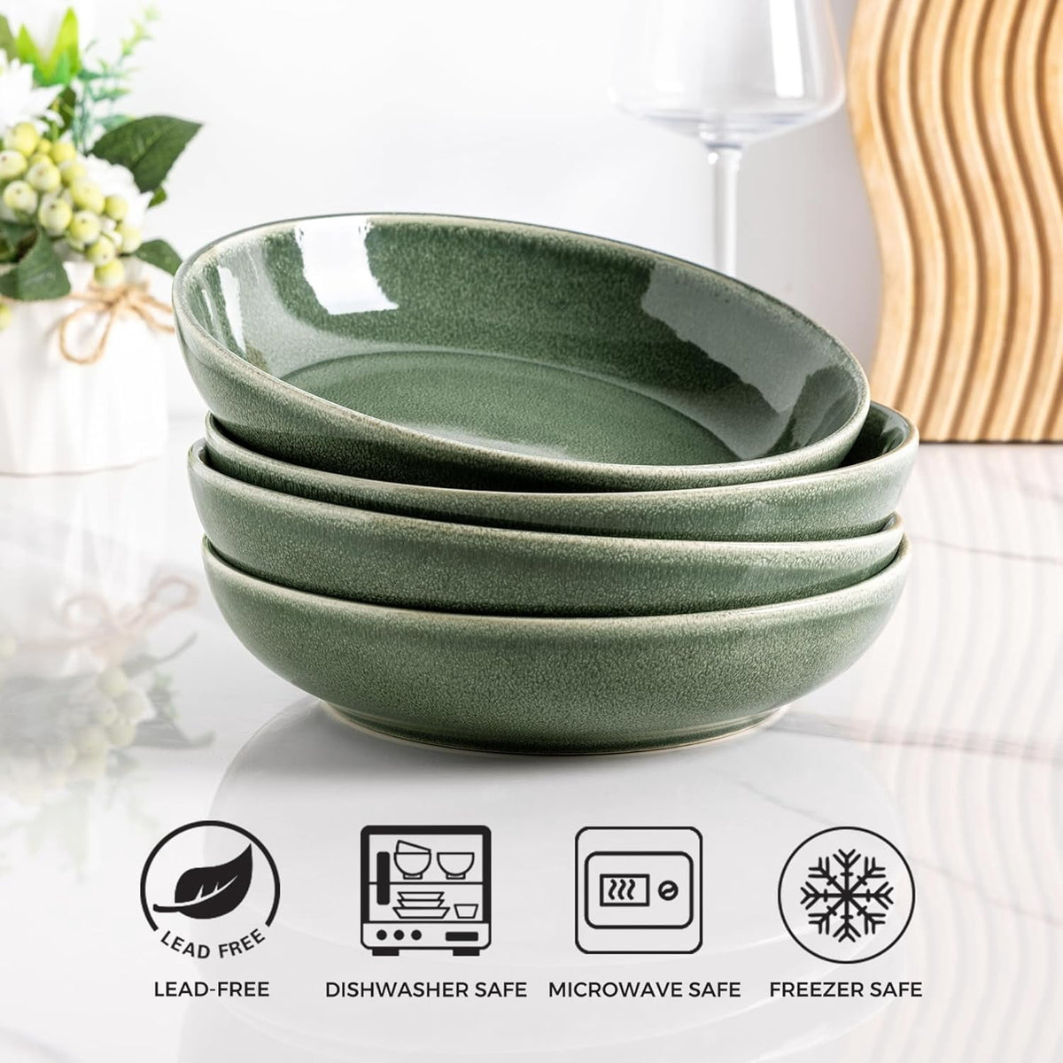AmorArc 8.5'' Large Ceramic Pasta Bowls Set, 36oz Stoneware Bowls Set of 6 for Kitchen, Reavtive Glaze Bowls-Microwave,Dishwasher Safe for Pasta,Salad,Oatmeal-Ceylon Blue