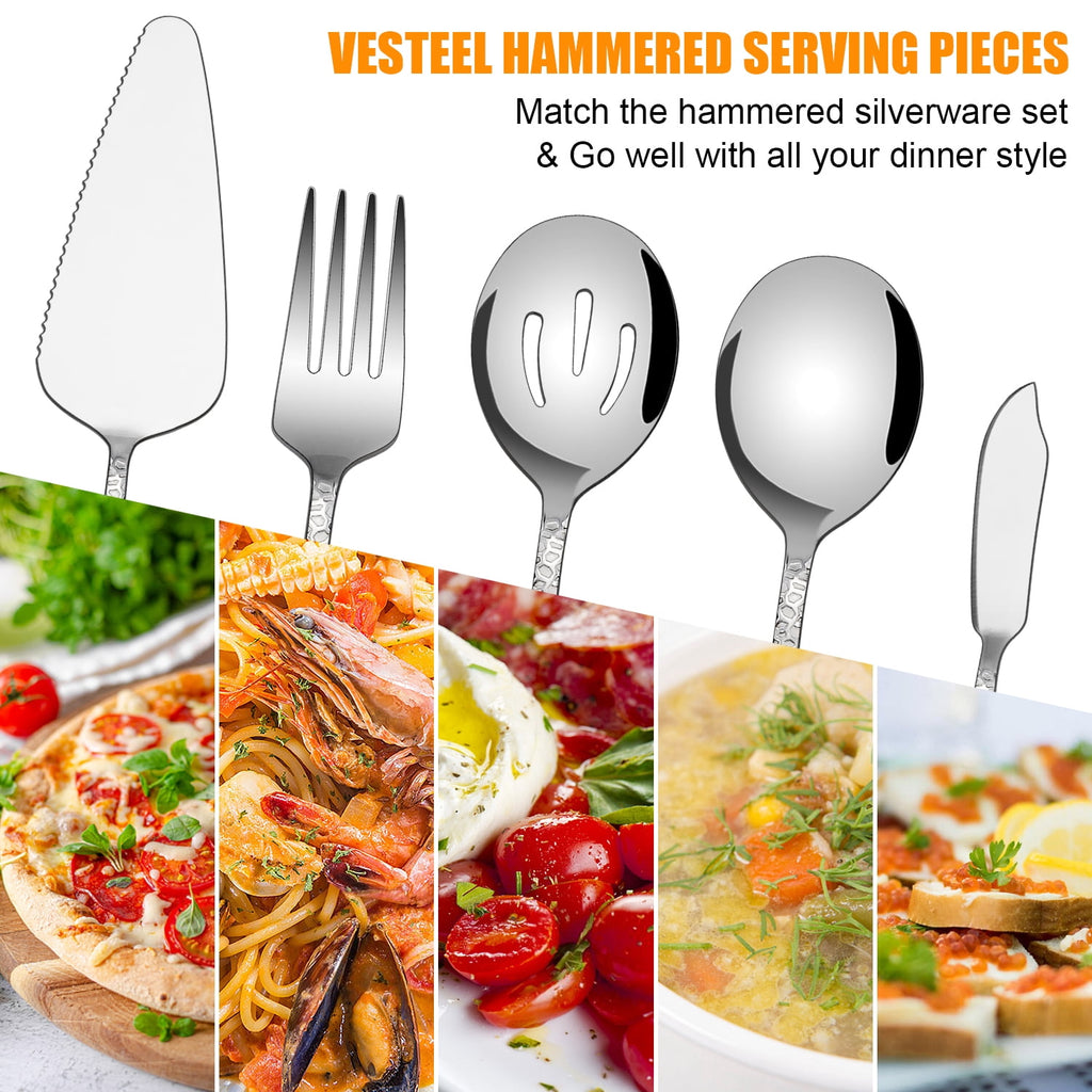 Vesteel Hammered Silverware Set, 40-Piece Stainless Steel Flatware Cutlery Set for 8, Includes Knives, Forks, Spoons, Mirror Polished & Dishwasher Safe