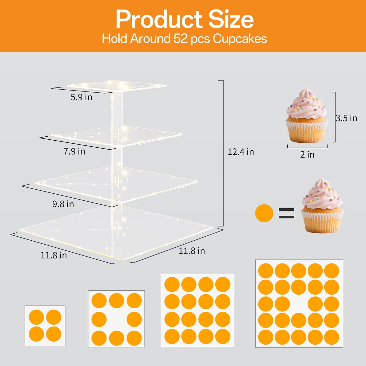 TINANA 4 Tier Acrylic Cupcake Stand with LED Light, Premium Dessert Tower Display Holder for Weddings, Birthday Parties, Candy Bar Décor, Yellow Light
