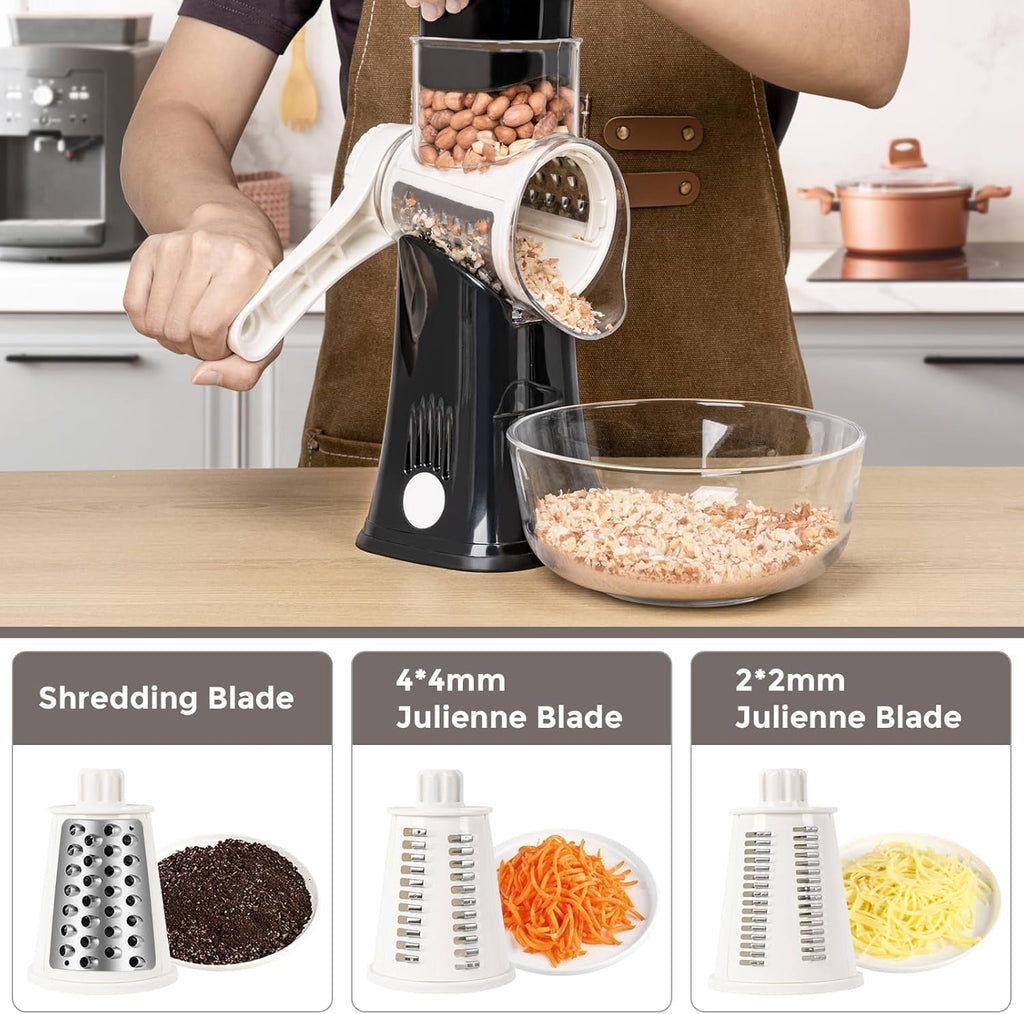 Premium Rotary Cheese Grater, Manual Cheese Grater for Kitchen, Handheld Vegetables Slicer Cheese Shredder with Rubber Suction Base, 3 Stainless Drum Blades Included,Blue